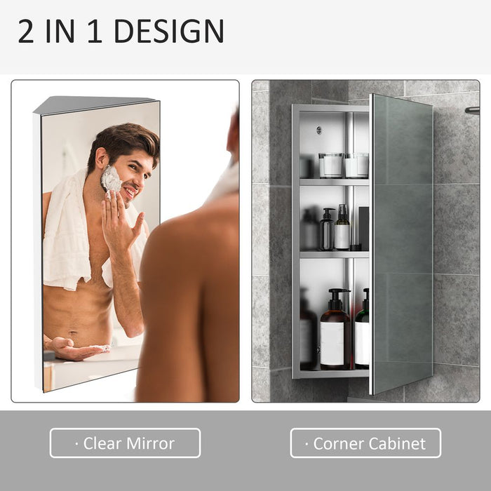 HOMCOM Wall Mount Corner Mirror Cabinet with Three Shelves, Stainless Steel Bathroom Storage Cabinet with Door