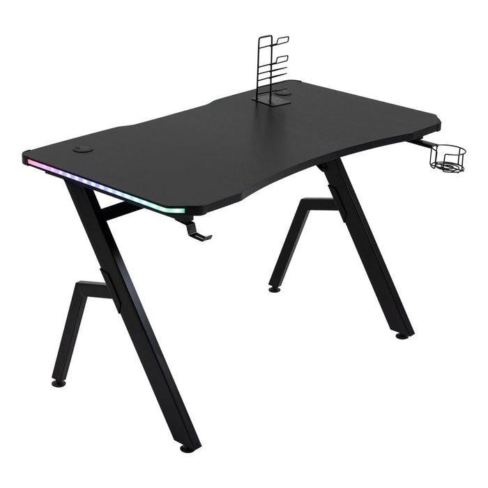 Gaming Desk Racing Ergonomic  Workstation with RGB LED Lights, Hook,  Black