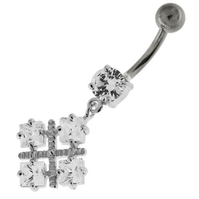 Four Square Jeweled Sterling Silver Navel Bar