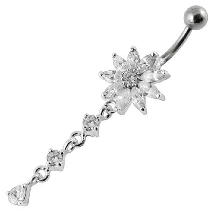 Flower Dangling Jeweled Curved Bar Belly Ring