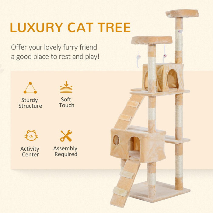 PawHut Cat Tree for Indoor Cats, 170cm Cat Tower Scratching Post Tall Climbing Tower, Activity Centre House - Cream