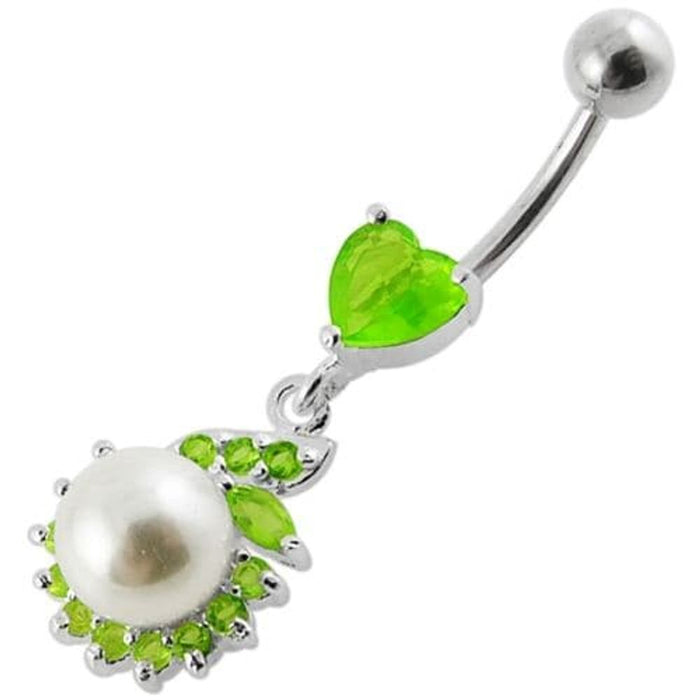 Jeweled Heart Pearl Dangling Navel Ring