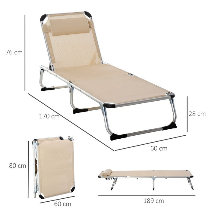 Foldable Reclining Sun Lounger Lounge Chair Camping Bed Cot with Pillow