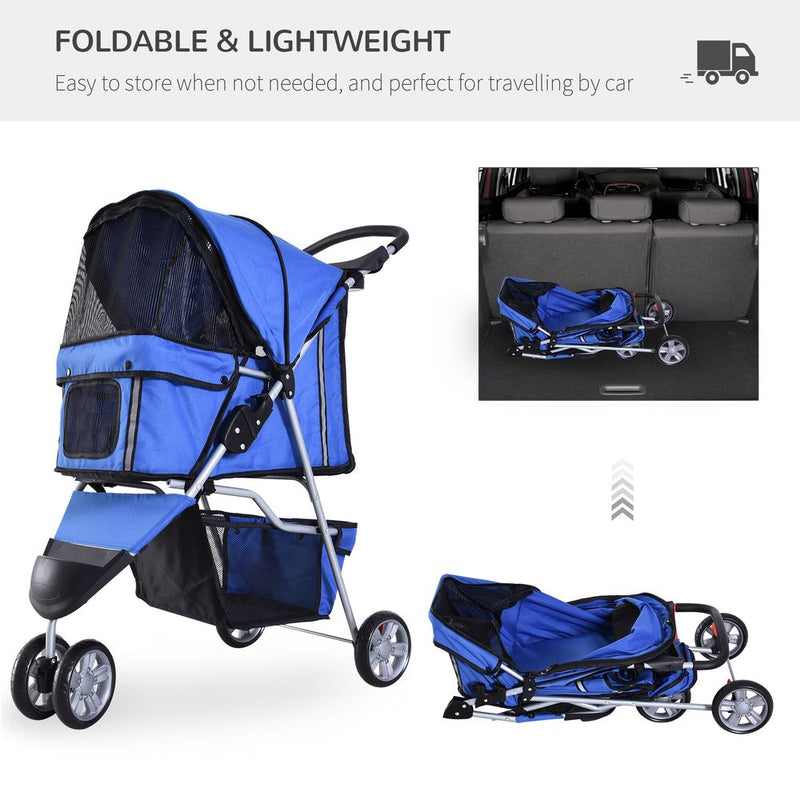 PawHut Pet Travel Stroller Cat Dog Pushchair Trolley Puppy Jogger Carrier Three Wheels for Small Miniature Dogs (Blue)