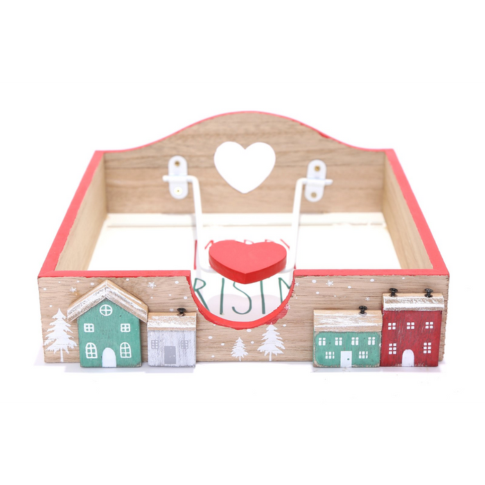 Christmas House Napkin Holder 18cm - Wooden Holder with Metal Arm & 'Merry Christmas' Message Painted - D19.5 x H7 x W18.5cm