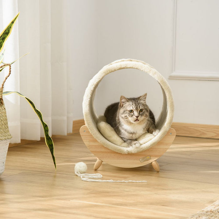 PawHut Raised Cat House Kitten Bed Pet Shelter Wrapped with Scratcher Soft Cushion, 41 x 38 x 43 cm, Beige