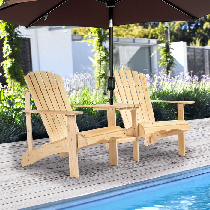 Wooden Double Adirondack Chairs Loveseat & Center Table & Umbrella Hole, Natural