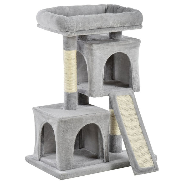 Premium Cat Activity Tree: Rest, Play & Scratch - 2 House Cushion Perch Post - Grey