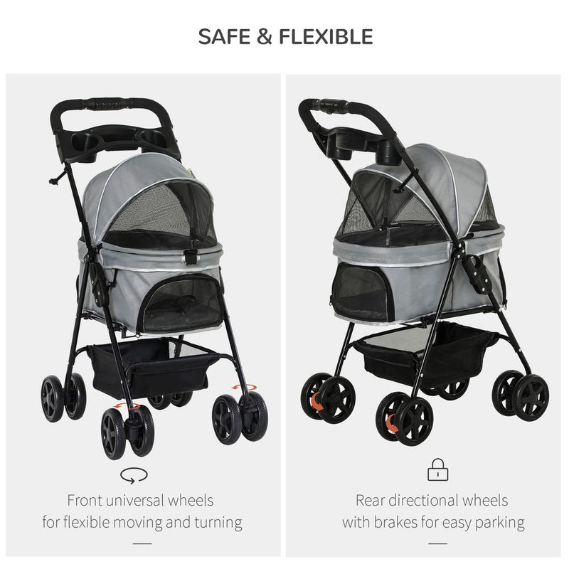 PawHut Pet Stroller: No-Zip, Foldable, Travel Carriage with Brake, Basket, Adjustable Canopy