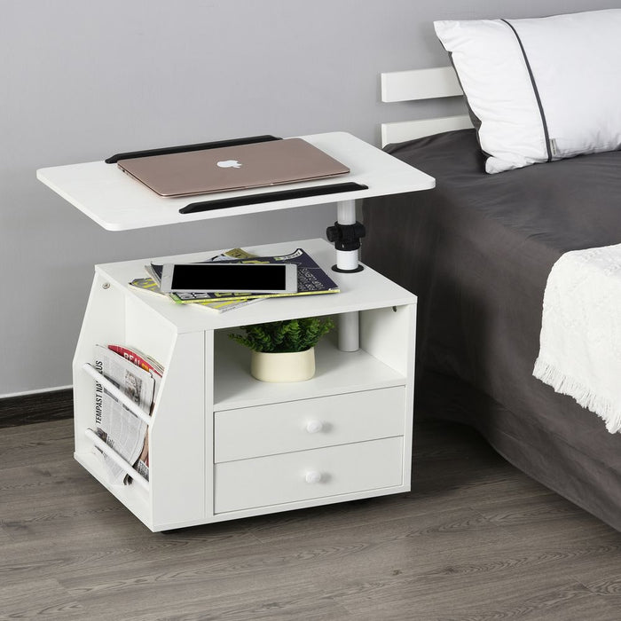 360 Rotating White Storage Table - Quality Particle Board - Multi-functional End Table with Cabinet