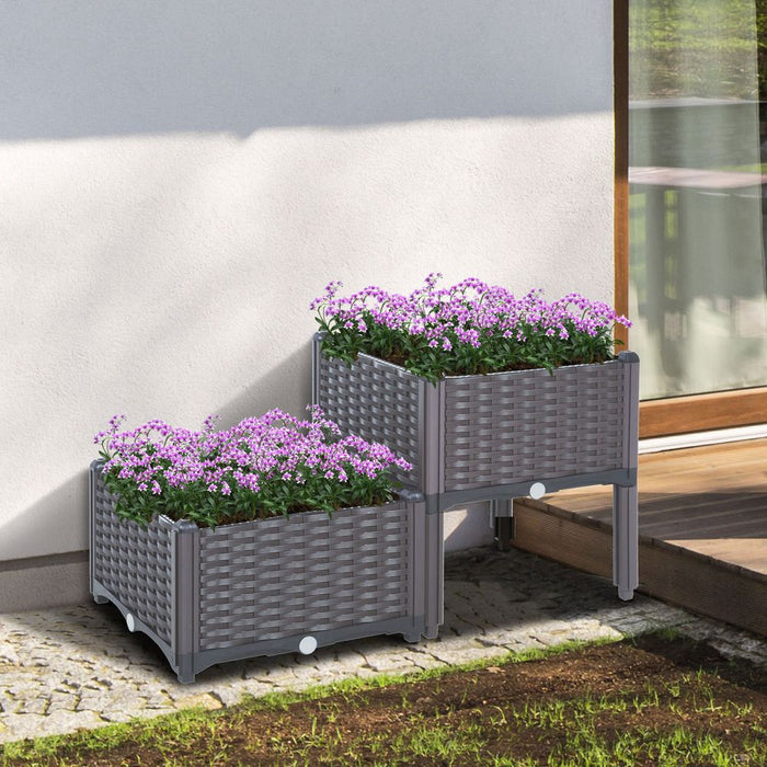 Outsunny Set of 2 Raised Outdoor Garden Planter Boxes | Rattan-Effect | Durable | Self-Watering | Easy Assembly