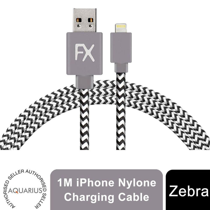 Aquarius Nylon USB Zebra Charger Cable, 1m - Fast Charge, Durable, Compatible with iPhone, iPad, iPod