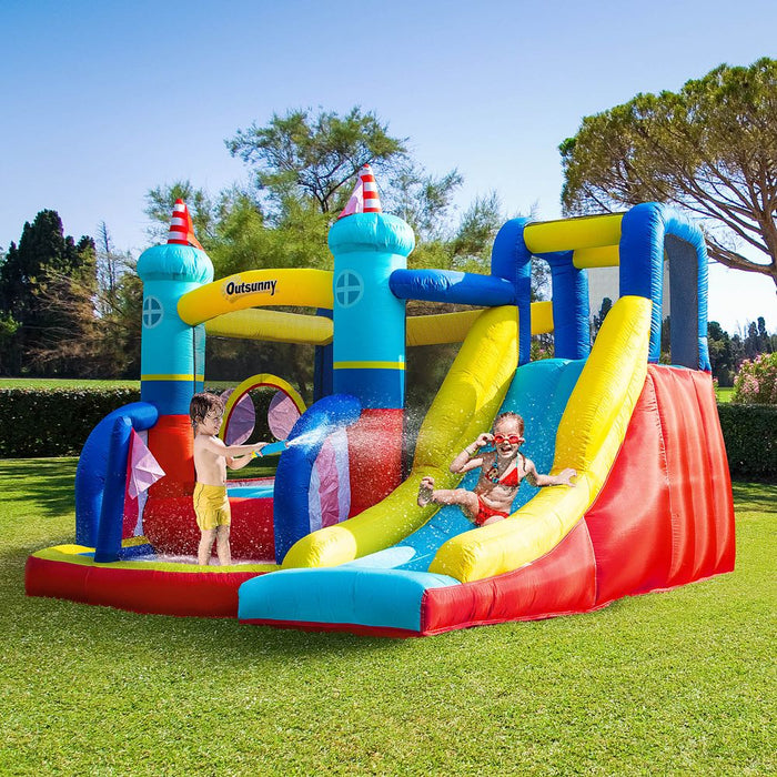 Outsunny 4 in 1 Kids Bouncy Castle Large Sailboat Style Inflatable House Slide Trampoline Water Pool Climbing Wall with Blower Carrybag for Kids Age 3-8, 2.65 x 2.6 x 2m