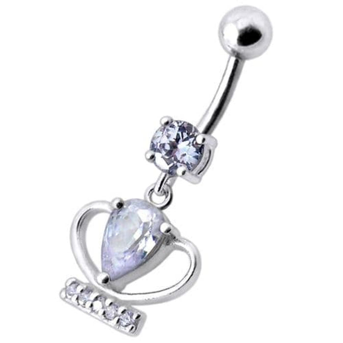 Silver Fancy Jeweled Cup Dangling Bar Belly Ring