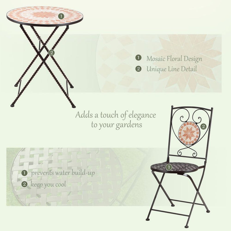 Stylish 3-Pc Outdoor Bistro Set - Mosaic Table & Armless Chairs