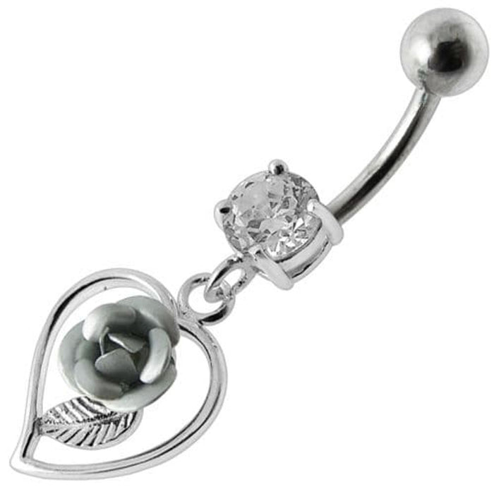 Rose in Heart Jeweled Dangling Belly Ring