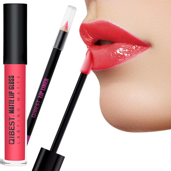 Qibest Double Pack Matt Liquid Lip Gloss & Lip Pencil Liner Kit - Bright Pink