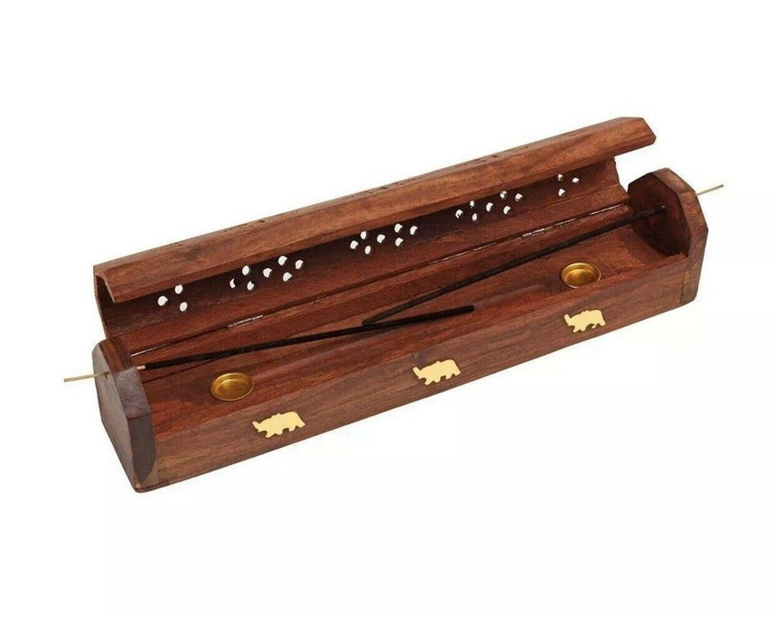 High-Quality Wooden Incense Stick Holder - Ash Catcher Box - Brass Inlay - Burn Joss Incense - Professional Seller