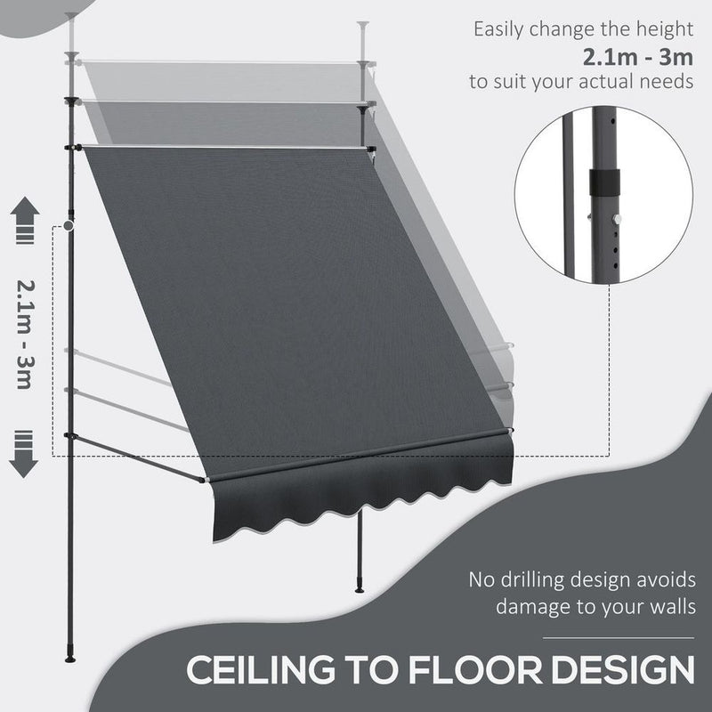 Outsunny 2x1.2m Freestanding Retractable Awning - Non-Screw Garden Shade with Adjustable Frame