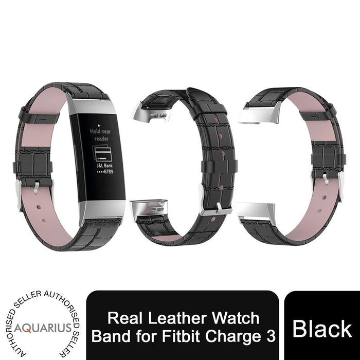 Premium Real Leather Watch Band for Fitbit Charge 3 - Black