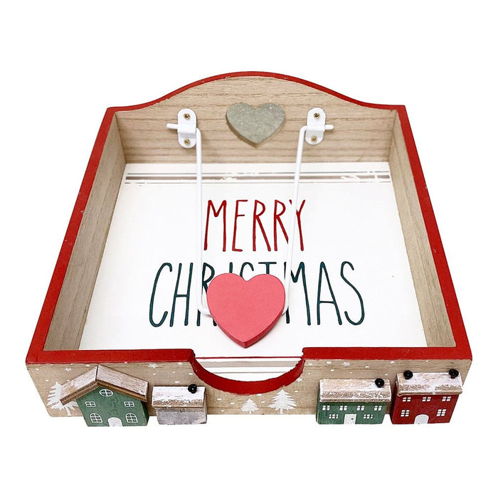 Christmas House Napkin Holder 18cm - Wooden Holder with Metal Arm & 'Merry Christmas' Message Painted - D19.5 x H7 x W18.5cm