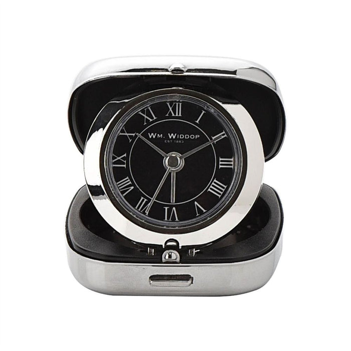 Premium Black Dial Alarm Clock by Wm Widdop - Chrome, Foldable, Cushion Shape