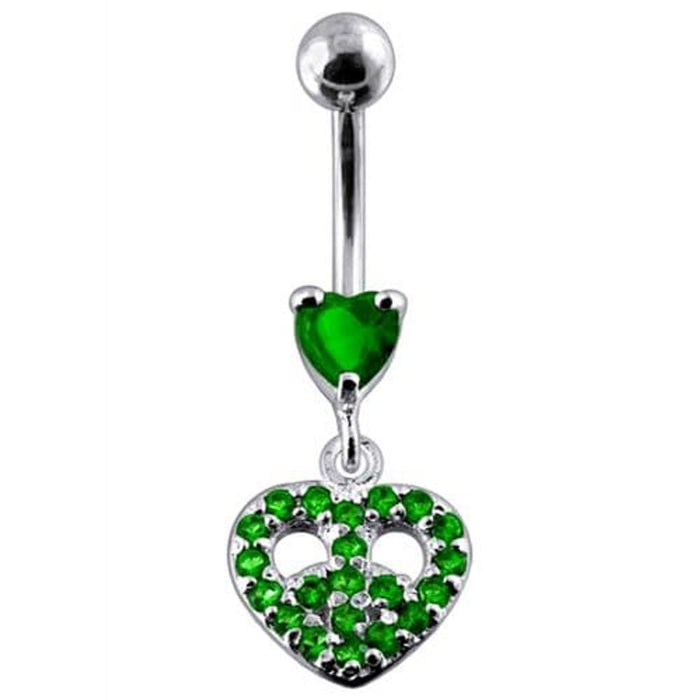 Jeweled Fancy Heart Shape Silver Dangling SS Bar Curved Belly Ring