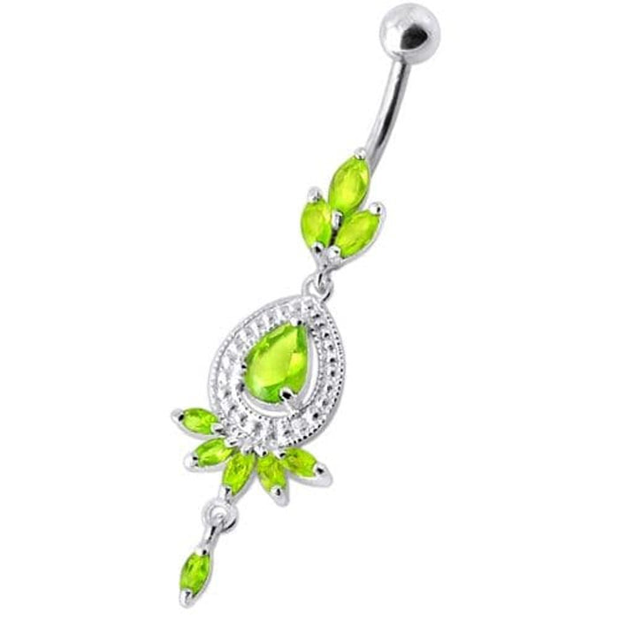 Fancy stone centered Jewel Dangling SS Bar Belly Ring