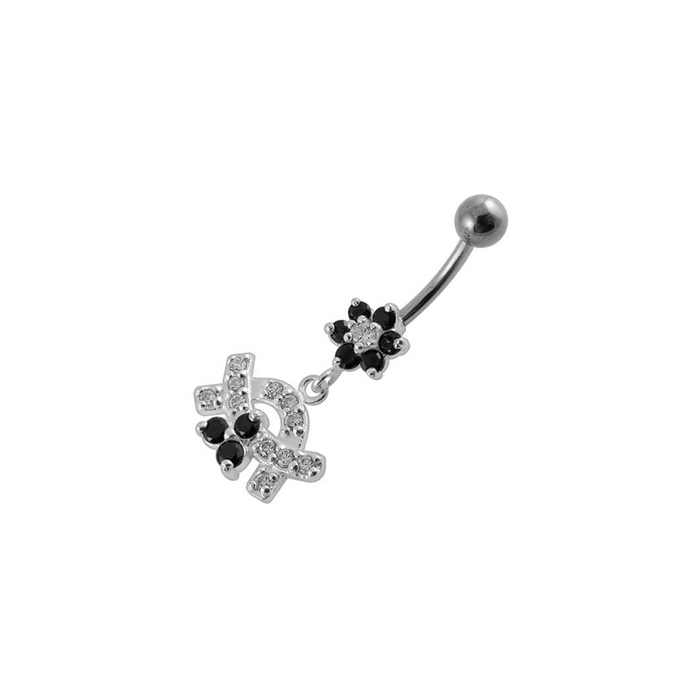 Jeweled Curve With Flower Silver Dangling Banana Bar Navel Belly Ring