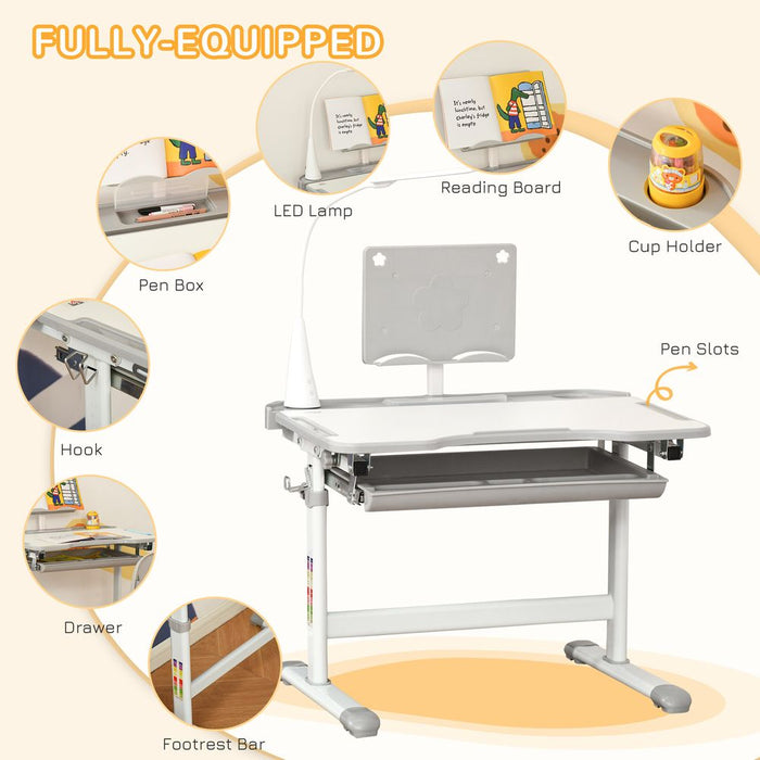 Premium Kids Study Desk Set - Adjustable Height, USB Lamp, Grey