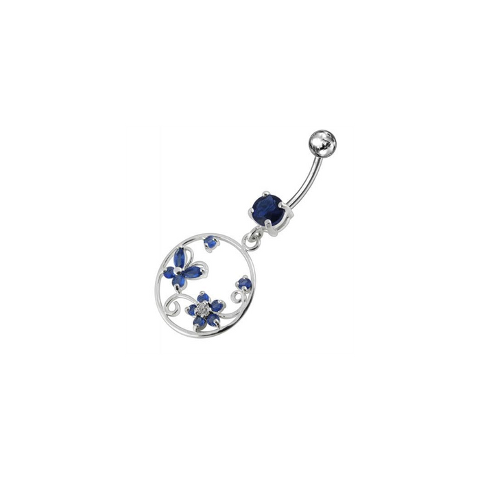 Jeweled Fancy Silver Dangling SS Curved Bar Belly Ring