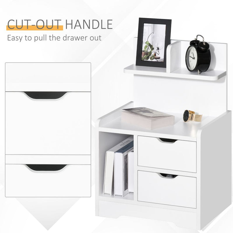 HOMCOM Bedside Table, Small Bedside Cabinet with 2 Drawers and Storage Shelves, Accent Table for Living Room, Bedroom, White