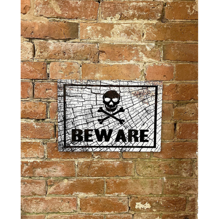 Vintage Metal Sign: Skull Beware - High-Quality Reproduction