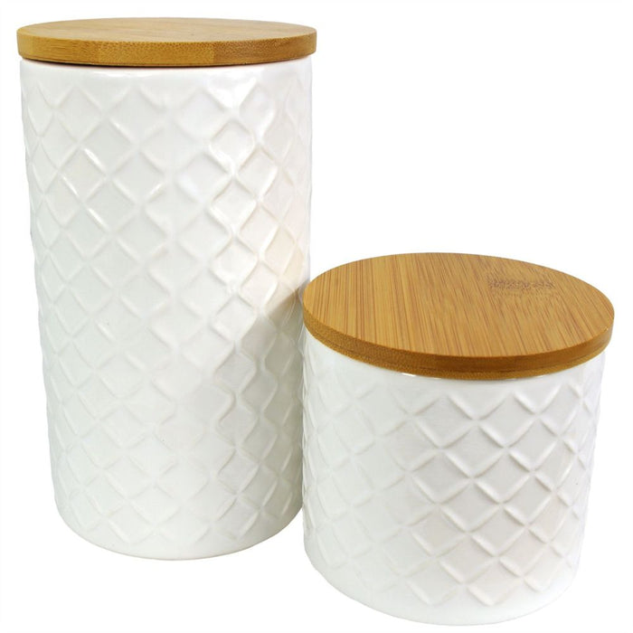 Elegant Embossed Cream Ceramic Jar Set - 2 Canisters w/ Lids