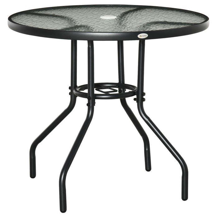 Outdoor Round Dining Table Tempered Glass Top Steel w/ Parasol Hole 80cm