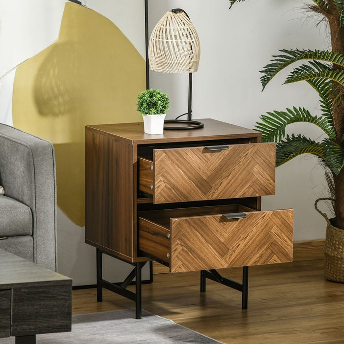 Rustic Bedside Table, 2 Drawer Unit - Herringbone Pattern, Walnut Brown