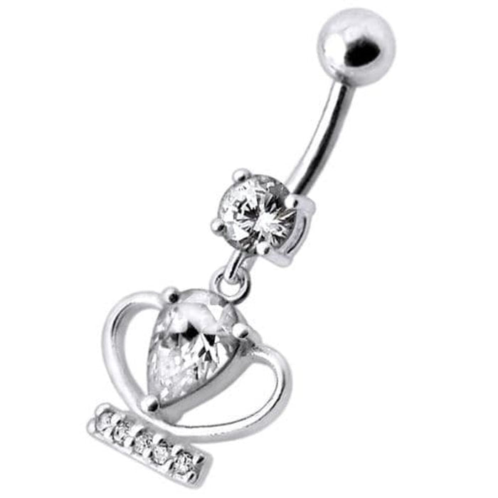 Silver Fancy Jeweled Cup Dangling Bar Belly Ring