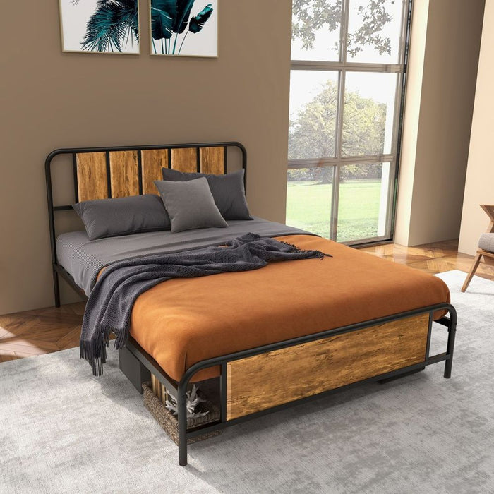 Premium Steel Double Bed Frame with Headboard - High-Quality, Sturdy Design - Brown - 145 x 199cm