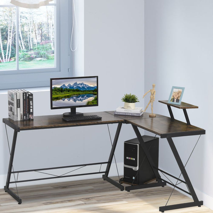 L-Shaped Desk Gaming Table with Storage Shelf. Quality workstation for efficient and stylish productivity. Upgrade your workspace now!