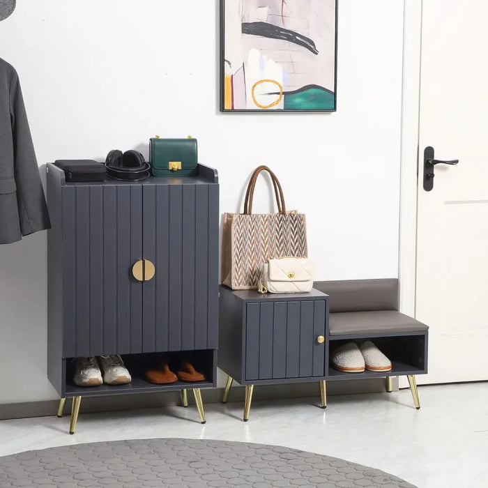 Modern Grey Shoe Bench with Storage Cabinet & Seating Cushion - Entryway Hallway Organizer