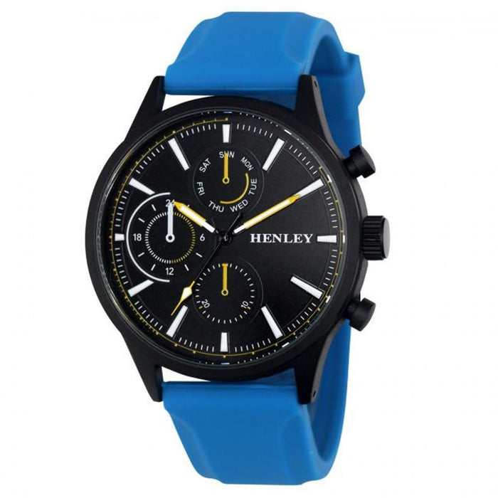 Henley Men's Black Sports Watch with Blue Silicone Strap - Multi Eye Dial - High Quality - Gift Box Included