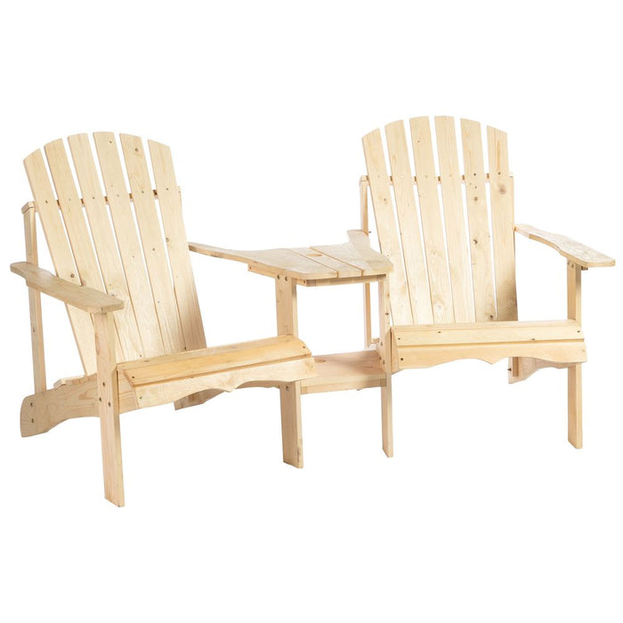 Wooden Double Adirondack Chairs Loveseat & Center Table & Umbrella Hole, Natural