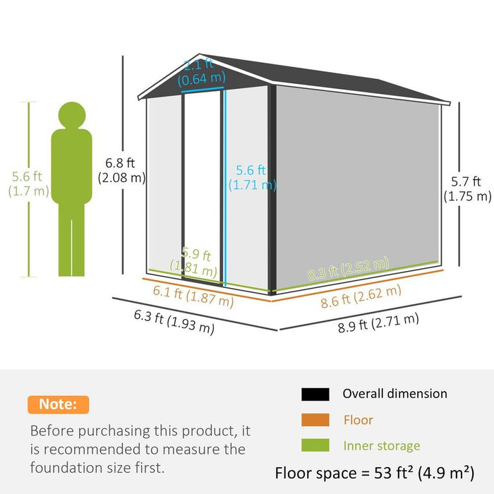 Outsunny 9'x6' Metal Garden Shed Grey - Durable, Spacious, Secure Storage Solution