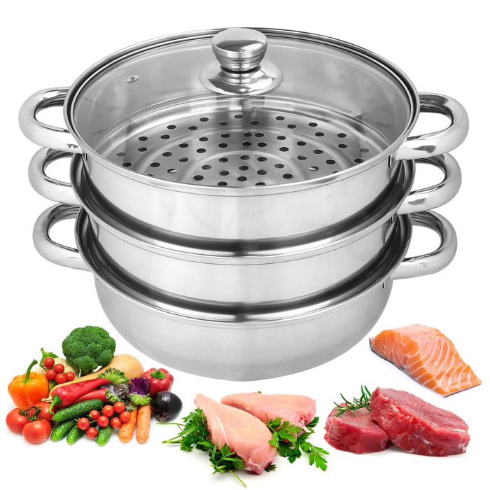 Premium 3 Tier Stainless Steel Steamer | Retains Nutrients | Healthy Cooking | 25cm Diameter