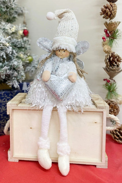 Cute Christmas Angel Ornament - Knitted Dress, Silver Wings, Freckled Smile, 26cm