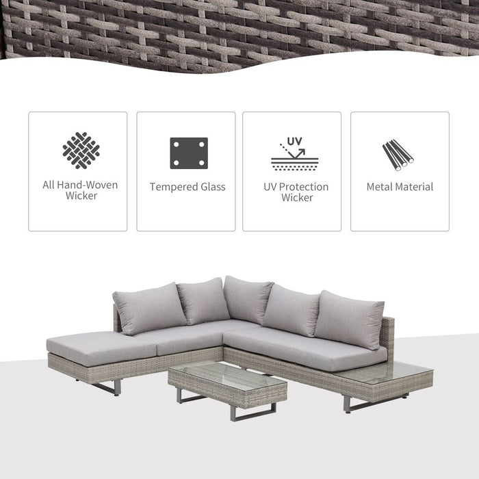 Outsunny 3pc Rattan Sofa Set Tea Table, Side Table & Cushioned Grey - Outdoor Lounge Furniture