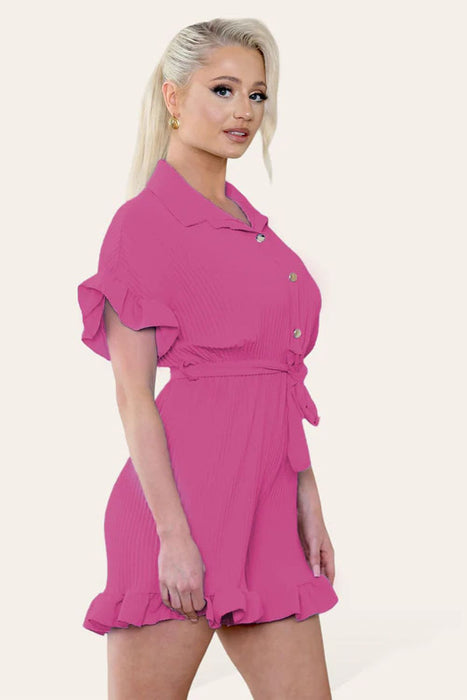 Pleated Ruffle Shirt Short Playsuit With Frill Hems