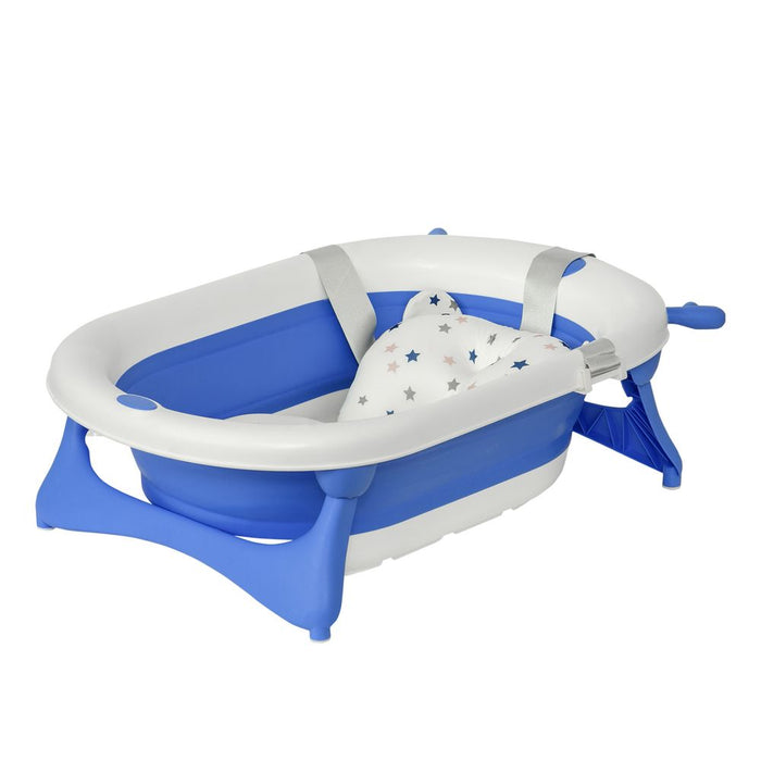 HOMCOM Foldable Baby Bathtub Set, Collapsible Bath Tub with Thermostatic Water Plug, Non-Slip Support, Cushion Pad, Drain Plugs, for Newborn to 3 Years - Blue