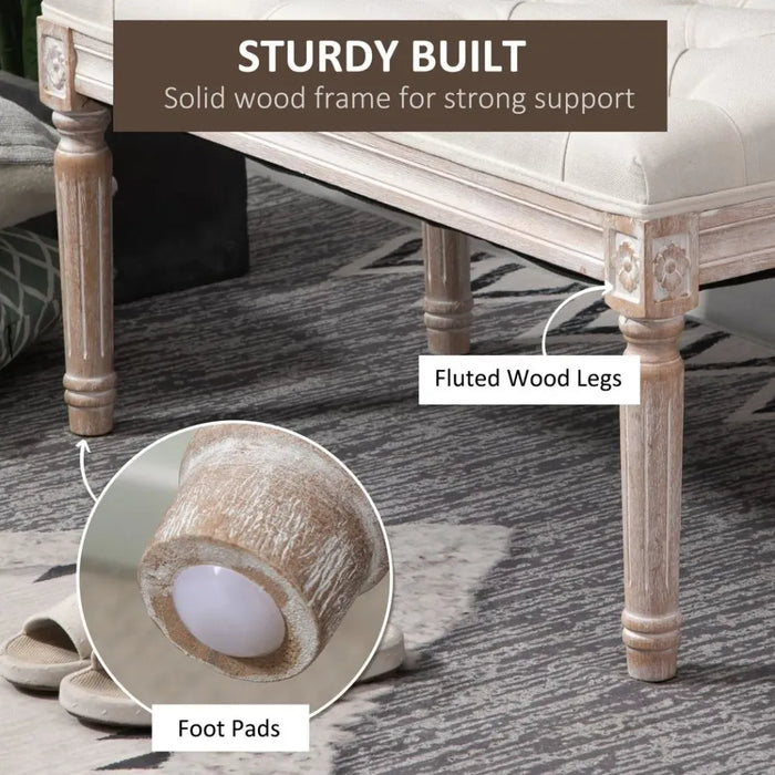 Accent Bench Tufted Upholstered Foot Stool Linen-Touch Fabric Ottoman Beige