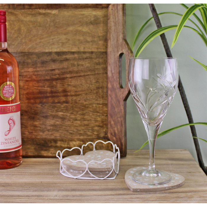 Premium Heart Shaped Coasters Set in Wire Holder - Set of 4 - MDF with Veneer